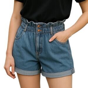 See Thru Soul Paper bag High Waist Blue Denim Shorts Copper Buttons Size 27 New